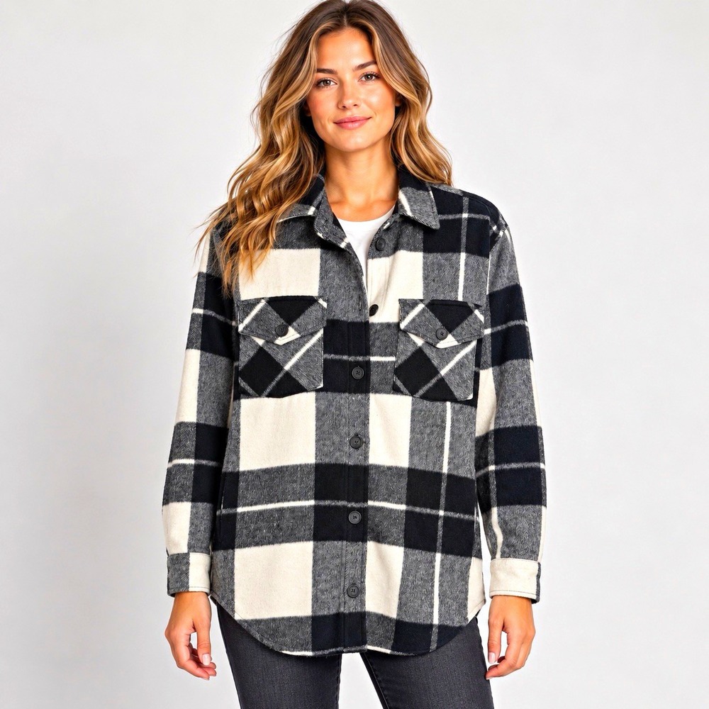 Thread & Supply Women's Plaid Shirt Jacket Button Front Lined Pockets M